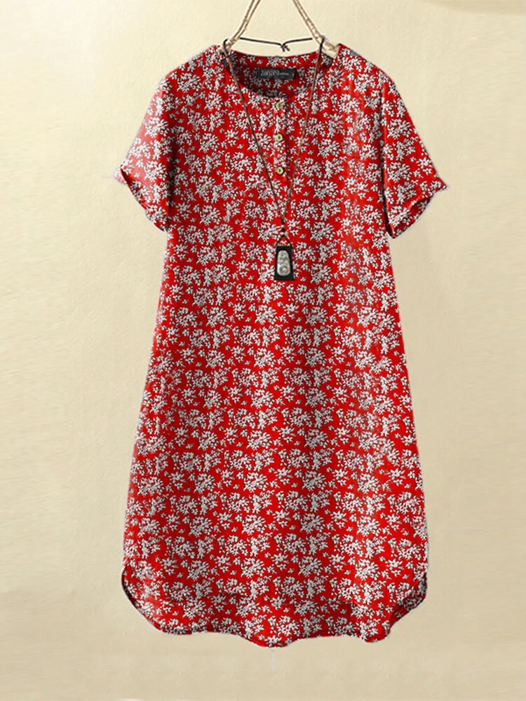 Women Ditsy Floral Print Quarter Button Short Sleeve Dress 3 Women Ditsy Floral Print Quarter Button Short Sleeve Dress - Image 3