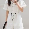 Solid Drawstring Waist Pocket Lapel Short Sleeve Cargo Romper