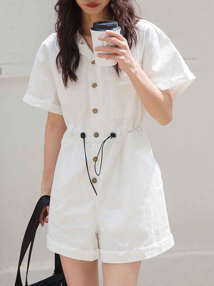 Solid Drawstring Waist Pocket Lapel Short Sleeve Cargo Romper 1 Solid Drawstring Waist Pocket Lapel Short Sleeve Cargo Romper