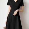 Solid A-line Short Sleeve V-neck Dress For Women