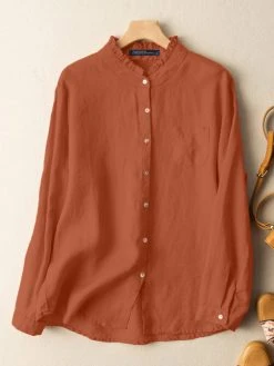 Solid Ruffle Trim Stand Collar Pocket Button Blouse -Zanzea Shop 985315f1 d414 48cc b0d1 0c162289fa76