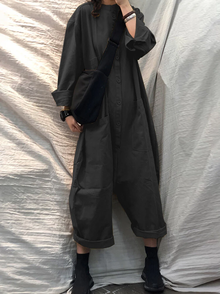 Solid Color Plain Button Pocket Long Sleeve Casual Jumpsuit For Women 8 Solid Color Plain Button Pocket Long Sleeve Casual Jumpsuit For Women - Image 8