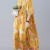 Flower Print Half Sleeve O-neck Loose Women Vintage Dress