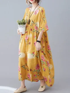 Flower Print Half Sleeve O-neck Loose Women Vintage Dress