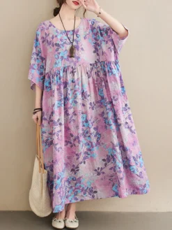 Allover Floral Print Crew Neck Loose Vintage Dress -Zanzea Shop 9871ddde d29e 4b65 a6d8 2f697663eb22