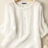 Lettuce Edge Crew Neck Solid Button 3/4 Sleeve Blouse