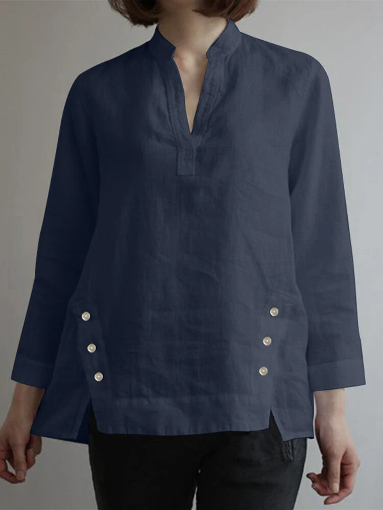 Women Solid Stand Collar Button Design Hem Cotton Blouse 2 Women Solid Stand Collar Button Design Hem Cotton Blouse - Image 2