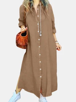 Solid Loose Slit Hem Button Long Sleeve Shirt Dress