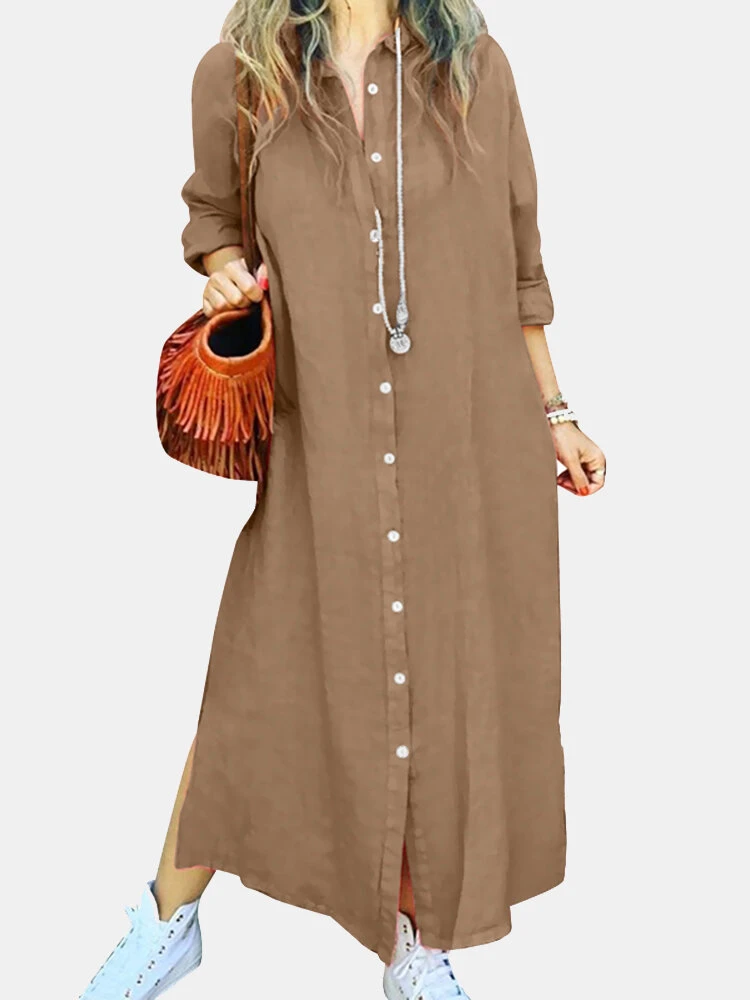 Solid Loose Slit Hem Button Long Sleeve Shirt Dress 1 Solid Loose Slit Hem Button Long Sleeve Shirt Dress