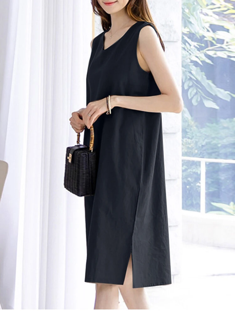 Leisure Solid Slit Hem V Neck Sleeveless Cotton Midi Dress 3 Leisure Solid Slit Hem V Neck Sleeveless Cotton Midi Dress - Image 3