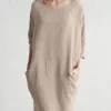 Solid Color 3/4 Sleeve O-neck Pocket Cotton Dress