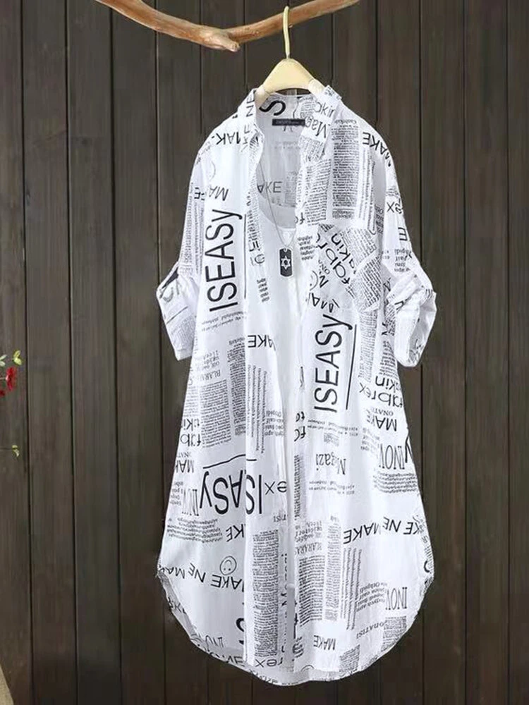 Letters Print Pocket Button Long Sleeve Lapel Loose Blouse 2 Letters Print Pocket Button Long Sleeve Lapel Loose Blouse - Image 2