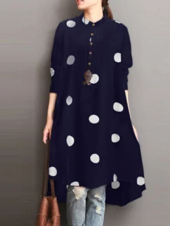 Polka Dot Print High-low Hem Long Sleeve Dress -Zanzea Shop 99283936 681b 4a31 aae9 9a5667073593