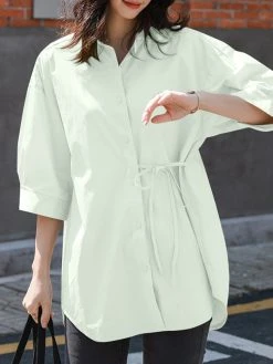 Solid Button Front Tie Lapel 3/4 Sleeve Loose Blouse -Zanzea Shop 9929a1e5 cd90 4941 a6ce d1c2af604860