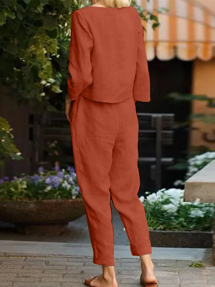 Solid Long Sleeve Pocket Knotted Two Pieces Suit 6 Solid Long Sleeve Pocket Knotted Two Pieces Suit - Image 6