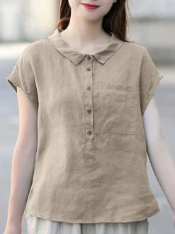 Solid Cotton Button Front Pocket Lapel Short Sleeve Blouse -Zanzea Shop 997404d1 7208 4eba 91dd ef738a265290