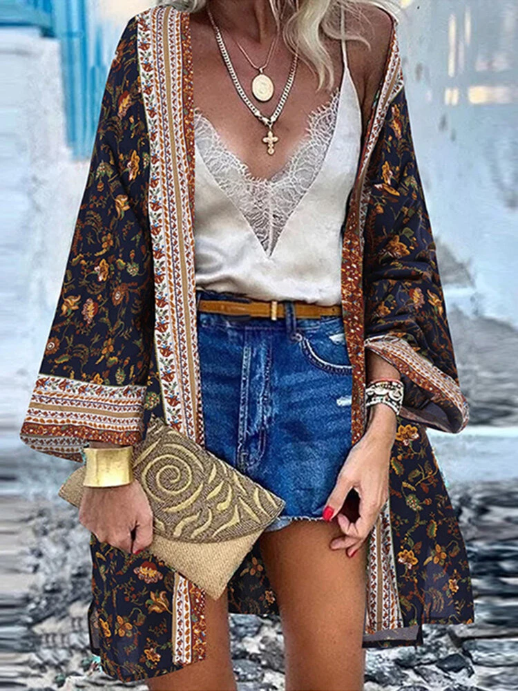 Bohemian Floral Print Long Sleeve Loose Kimono 2 Bohemian Floral Print Long Sleeve Loose Kimono - Image 2