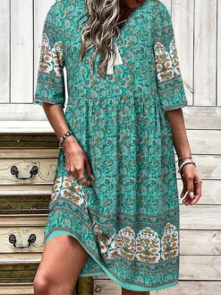 Women Ditsy Floral Print V-Neck Tie Bohemian Half Sleeve Dress