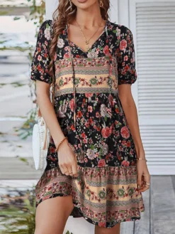 Bohemian Floral Print Short Sleeve V-neck Knotted Dress -Zanzea Shop 99c0c3d1 f85d 4f20 86b1 ab77cbf27d19