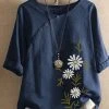 Women Daisy Floral Print Oblique Button Cotton Half Sleeve Blouse