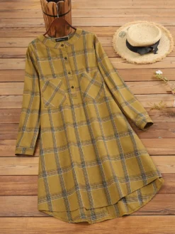 Plaid Print High-low Long Sleeve Stand Collar Dress