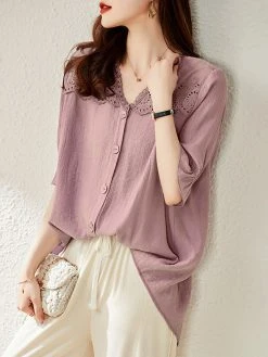 Lace Panel Button Front Loose Half Sleeve V-neck Blouse -Zanzea Shop 99ee2760 cb32 4e63 acd3 9972ec6d3dec