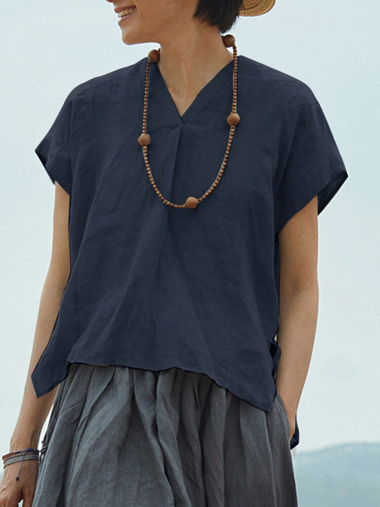 Solid High-low V-neck Short Sleeve Slit Casual Blouse 12 Solid High-low V-neck Short Sleeve Slit Casual Blouse - Image 12