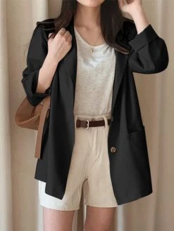 Solid Lapel Long Sleeve Button Front Women Blazer -Zanzea Shop 9a5b71f9 a348 4376 bd04 08a270b3382b