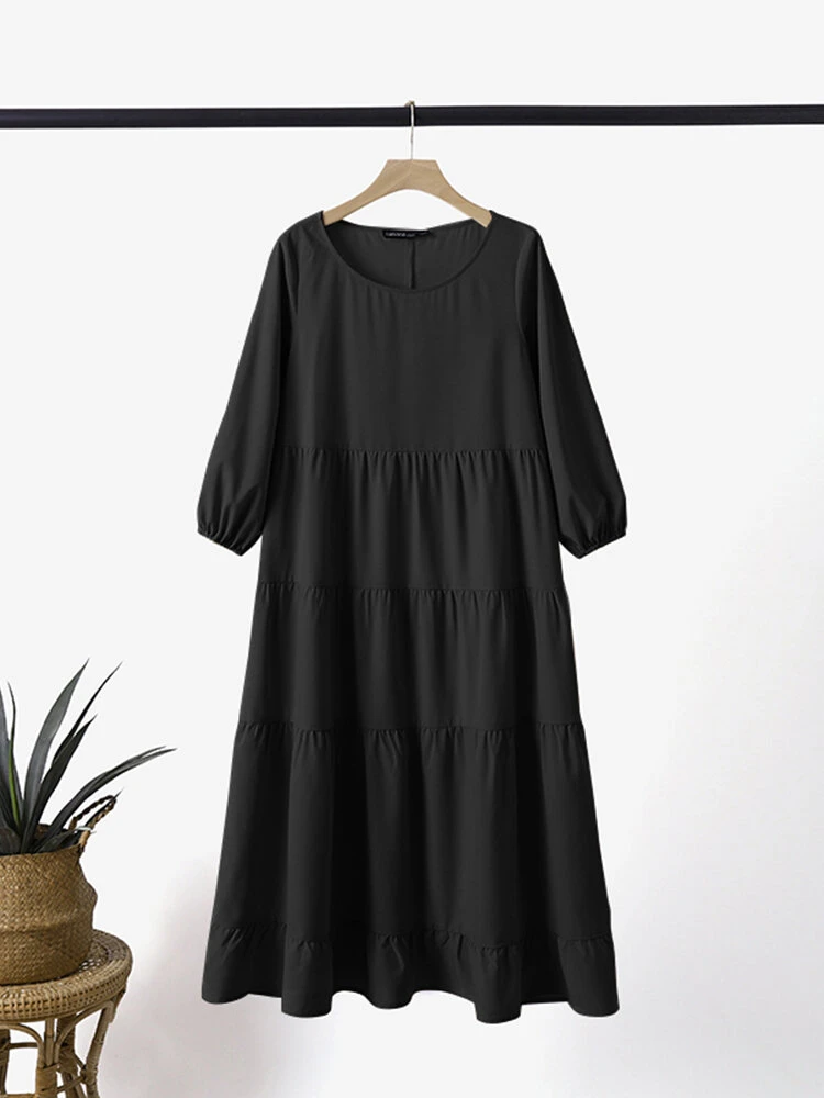 Solid Crew Neck A-line 3/4 Sleeve Casual Dress 6 Solid Crew Neck A-line 3/4 Sleeve Casual Dress - Image 6