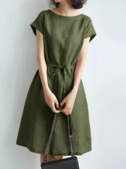 Solid Pocket Short Sleeve Crew Neck Dress With Belt -Zanzea Shop 9a75a512 69a7 46f5 bb77 99816f45675d