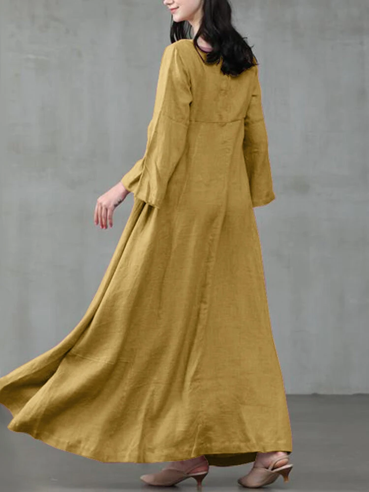 Solid Color A-Line Long Sleeve Maxi Cotton Loose Dress 4 Solid Color A-Line Long Sleeve Maxi Cotton Loose Dress - Image 4