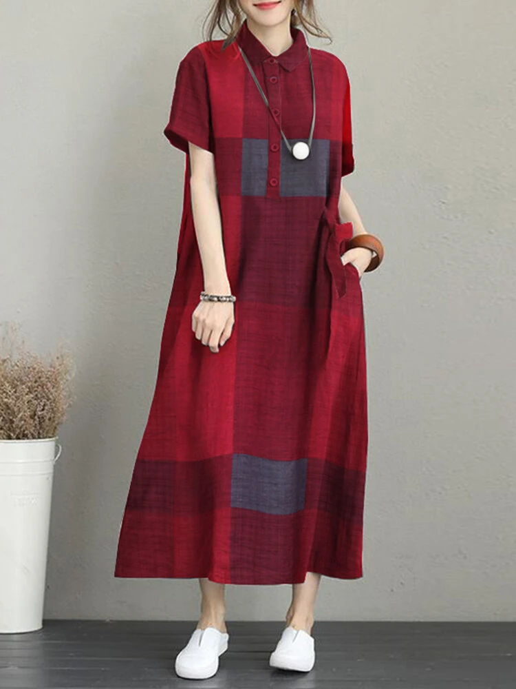 Check Print Pocket Button Front Short Sleeve Lapel Dress 9 Check Print Pocket Button Front Short Sleeve Lapel Dress - Image 9