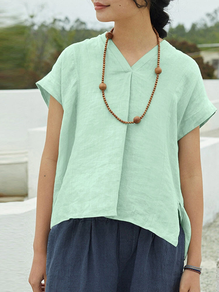 Solid High-low V-neck Short Sleeve Slit Casual Blouse 1 Solid High-low V-neck Short Sleeve Slit Casual Blouse