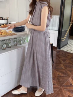 Textured Stand Collar Sleeveless Maxi Dress With Belt -Zanzea Shop 9af764fe c96e 4ac2 b26b c9a72461dc9c