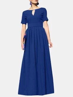 Solid Pleated Notch Neck Short Sleeve Maxi Dress With Belt