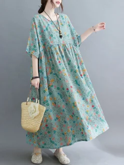 Allover Floral Print Crew Neck Loose Vintage Dress -Zanzea Shop 9b50c4e9 453e 436b 9c05 82832950bde3