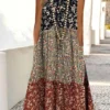 Women Ditsy Floral Print Color Block Patchwork Sleeveless Dress