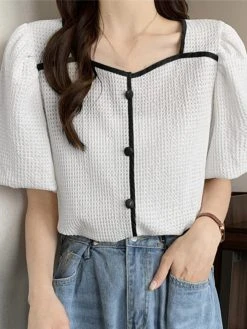 Contrast Square Collar Button Decor Short Sleeve Blouse