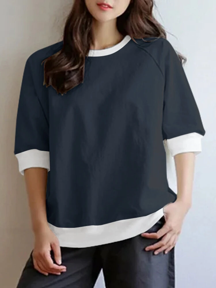 Women Contrast Patchwork Crew Neck Knit Raglan Sleeve T-Shirt 3 Women Contrast Patchwork Crew Neck Knit Raglan Sleeve T-Shirt - Image 3