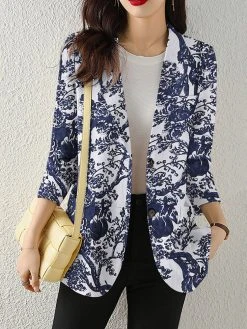 Plants Print Button Front Lapel Long Sleeve Blazer