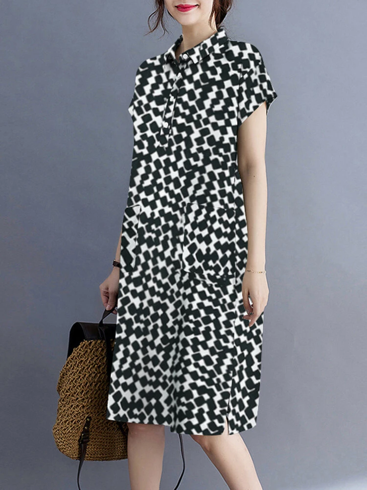 Allover Geo Print Lapel Dual Pocket Short Sleeve Dress 10 Allover Geo Print Lapel Dual Pocket Short Sleeve Dress - Image 10