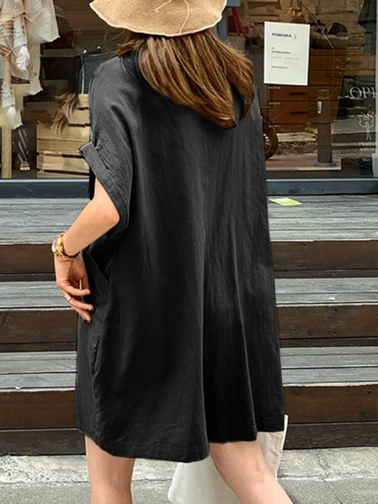 Solid Loose Pocket Button Lapel Short Sleeve Romper 5 Solid Loose Pocket Button Lapel Short Sleeve Romper - Image 5