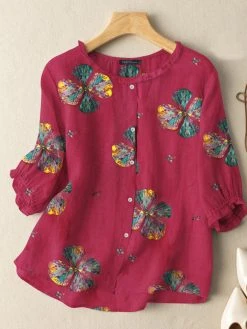 Women Colorful Floral Print Frill Neck Cotton 3/4 Sleeve Blouse -Zanzea Shop 9be18aef ad50 4329 961c 3df35cca8875