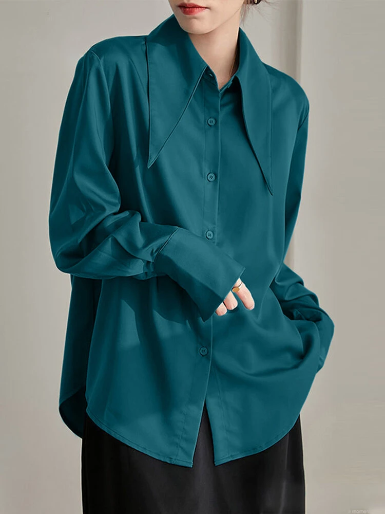 Satin Solid Button Front Long Sleeve Lapel Loose Shirt 4 Satin Solid Button Front Long Sleeve Lapel Loose Shirt - Image 4