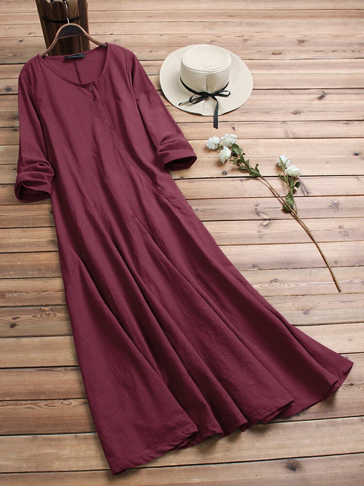 Women Vintage Cotton Tunic Baggy Long Sleeve Maxi Dress 4 Women Vintage Cotton Tunic Baggy Long Sleeve Maxi Dress - Image 4
