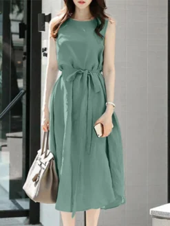 Solid Sleeveless Button Back Midi Dress With Belt