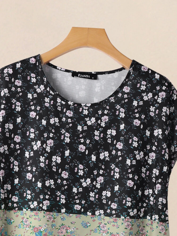 Women Ditsy Floral Print Patchwork Crew Neck Short Sleeve Dress 2 Women Ditsy Floral Print Patchwork Crew Neck Short Sleeve Dress - Image 2