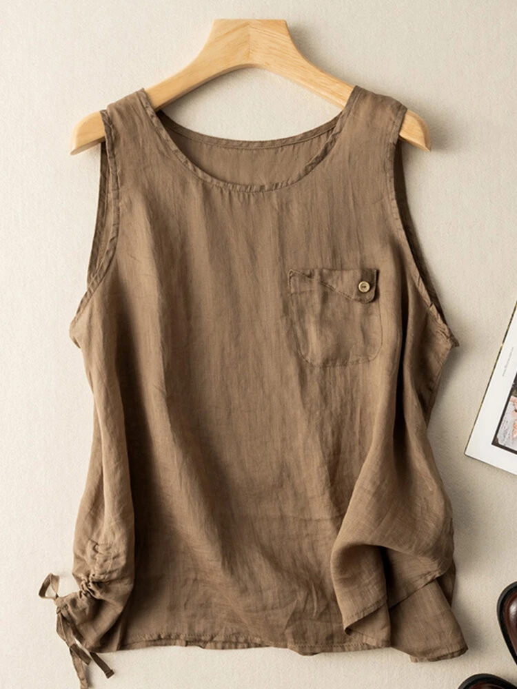 Solid Drawstring Slit Hem Sleeveless Crew Neck Tank Top 4 Solid Drawstring Slit Hem Sleeveless Crew Neck Tank Top - Image 4