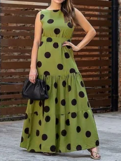 Women Polka Dot Tiered Tie Back Sleeveless Maxi Dress
