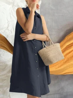 Women Solid Sleeveless Lapel Button Front Shirt Dress -Zanzea Shop 9ce42083 e3a5 4d82 9726 8e005c8b172b